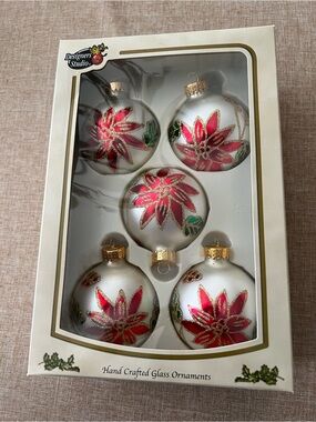 Designers Studio box of five glass vintage poinsettia pattern ornaments